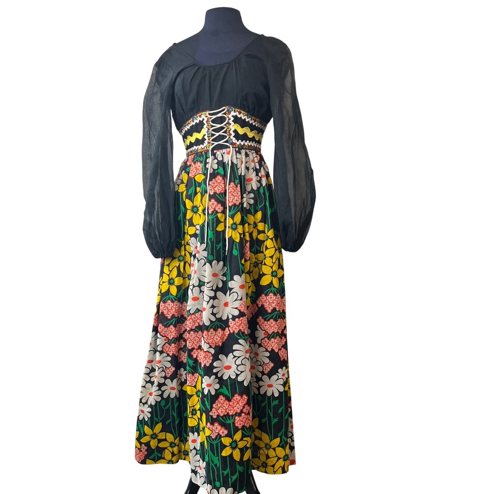 VTG 70s Howard Wolf Peasant Maxi Dress Renaissance Corset Flower Power READ SIZE